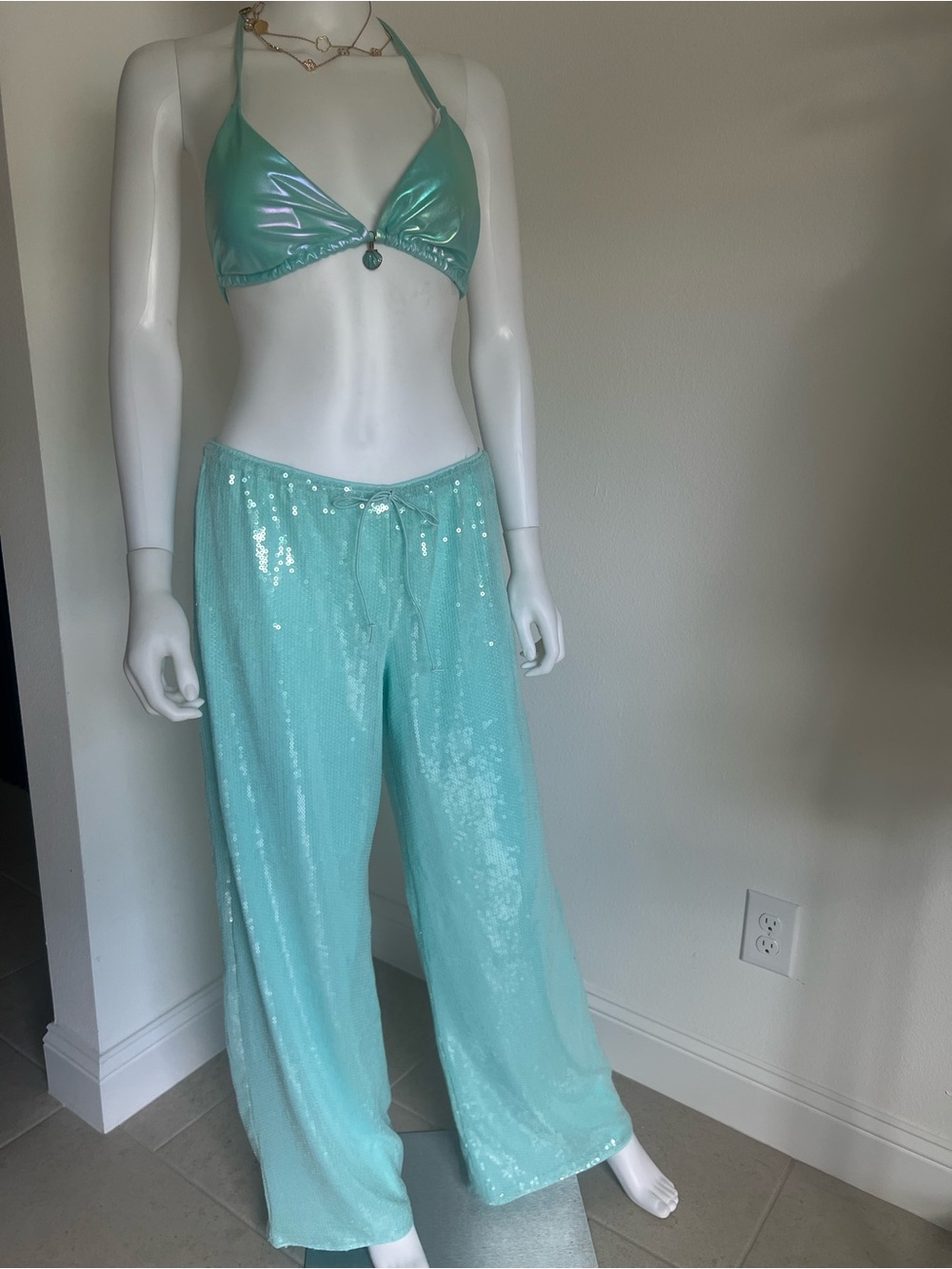 SHEIN Iridescent Aqua Sequin Coverup Set